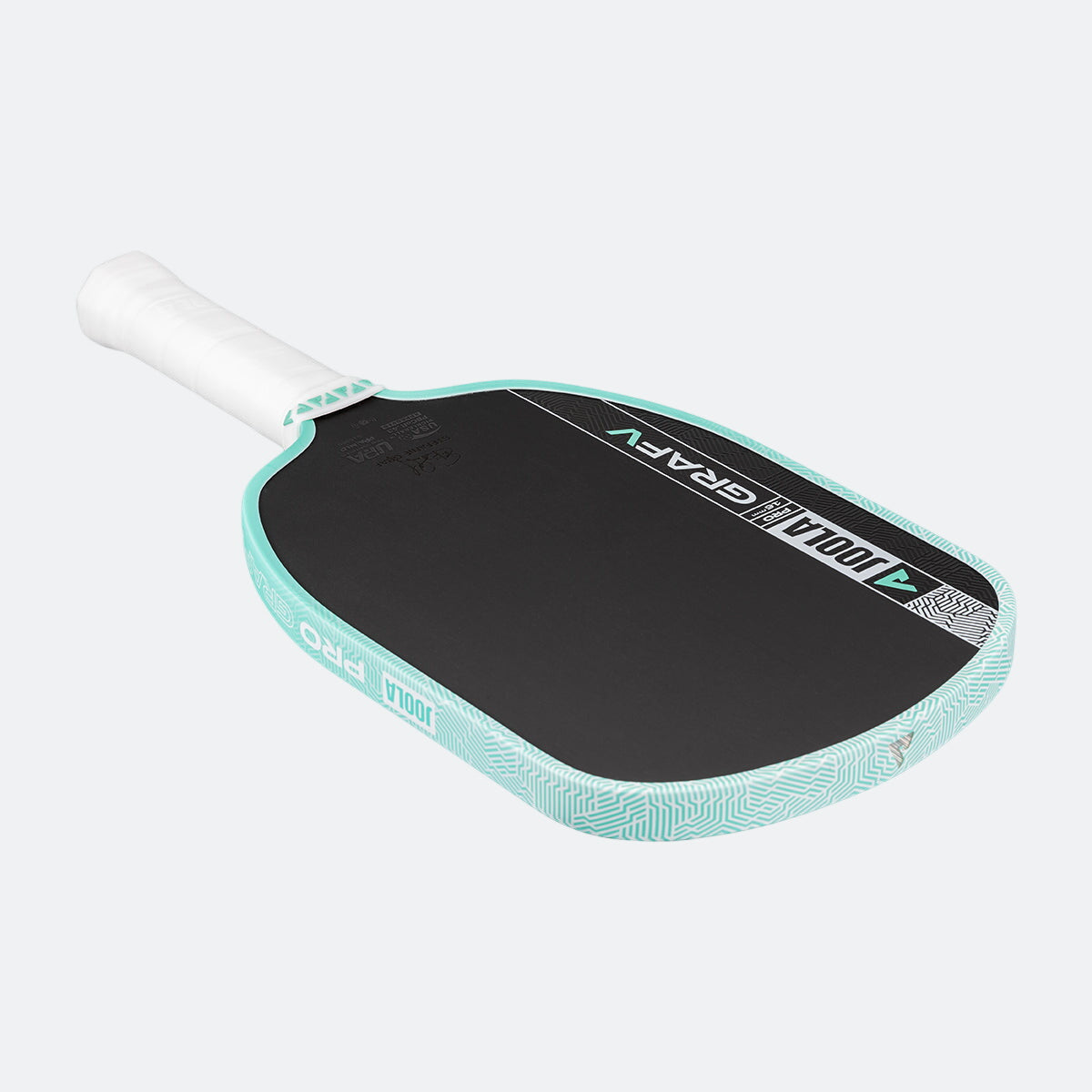 White background, product image of the Graf Pro V with a turquoise edge guard and a white handle.