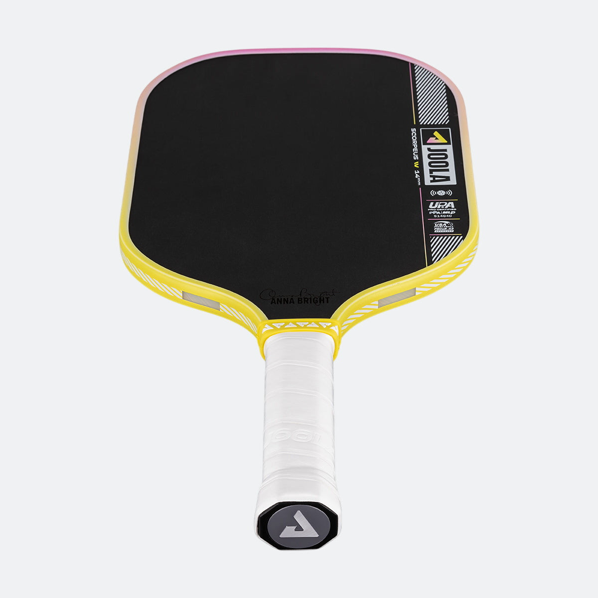 Yellow and black pickleball paddle with a white handle on a white background.