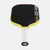 Yellow and black pickleball paddle with a white handle on a white background.