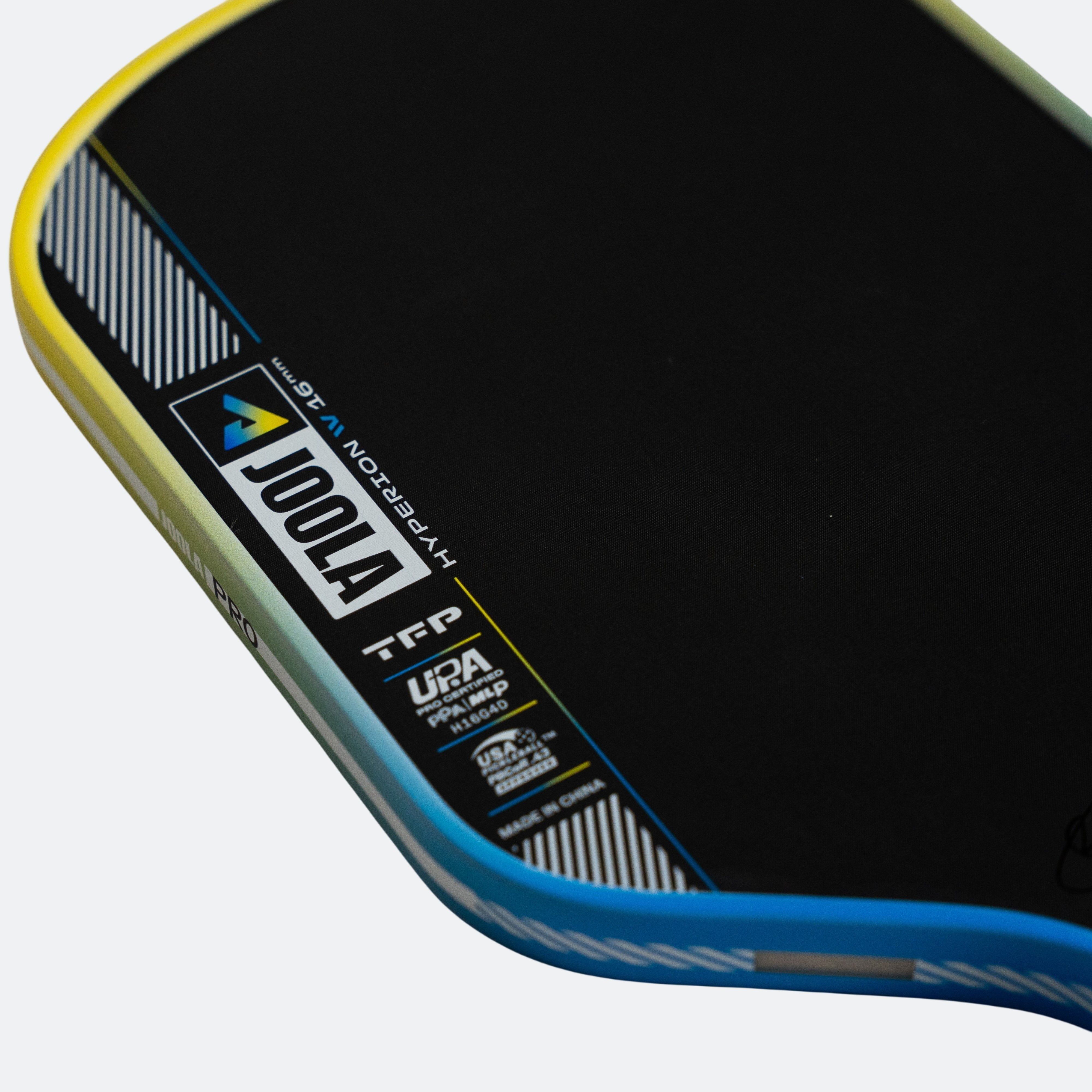 Close-up on a JOOLA Hyperion Pro IV pickleball paddle.