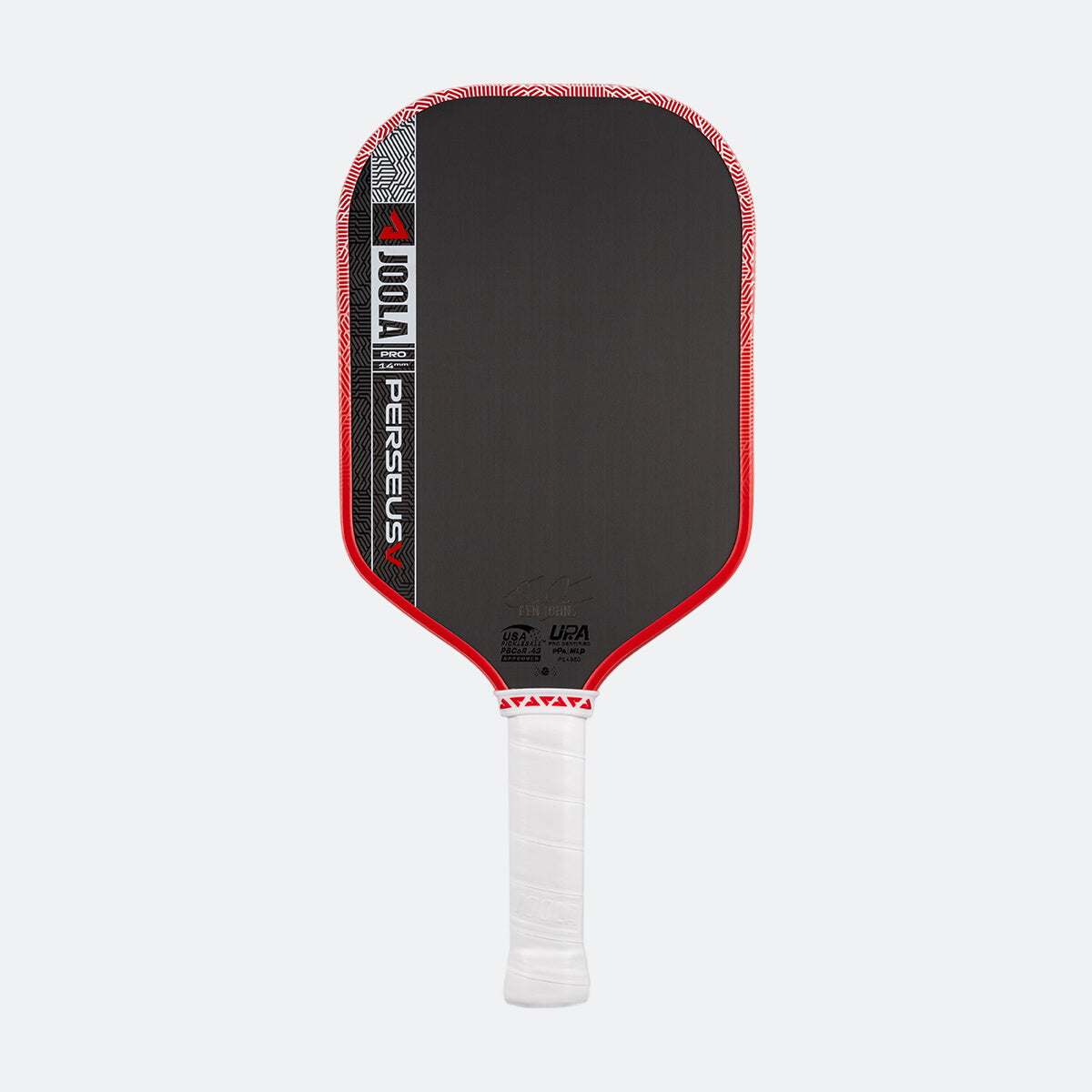 White background, product image of the JOOLA Perseus Pro V pickleball paddle with a red edge guard and white handle.