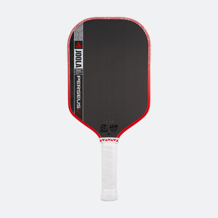 White background, product image of the JOOLA Perseus Pro V pickleball paddle with a red edge guard and white handle.