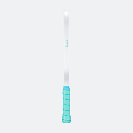 White background, product image showing the white edge guard of the JOOLA Perseus Astral pickleball paddle, with teal handle.