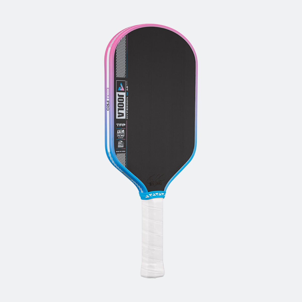 Pickleball paddle with black face, pink rim, blue border, and white handle on a white background.