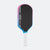 Pickleball paddle with black face, pink rim, blue border, and white handle on a white background.