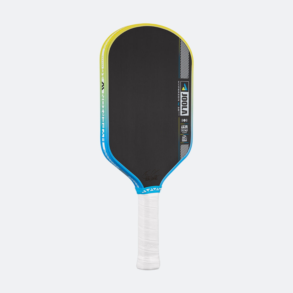 Pickleball paddle with black surface, blue and yellow edges, and white handle on a white background.