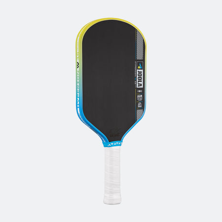 Pickleball paddle with black surface, blue and yellow edges, and white handle on a white background.