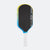 Pickleball paddle with black surface, blue and yellow edges, and white handle on a white background.