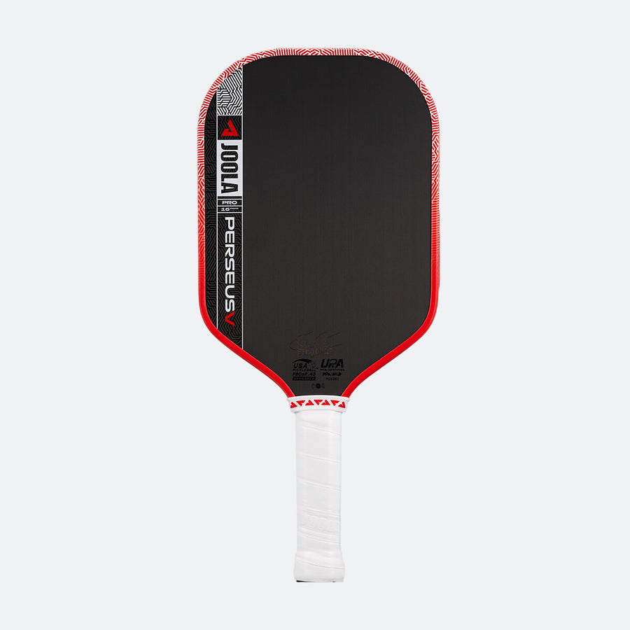 White background, product image of the JOOLA Perseus Pro V pickleball paddle with a red edge guard and white handle.