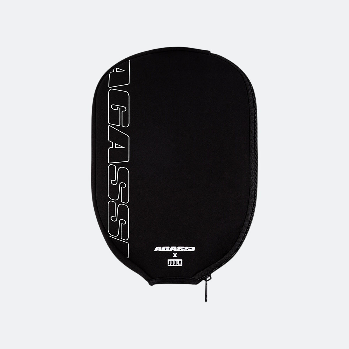 Black Agassi Neoprene pickleball paddle cover with Agassi branding on a white background.