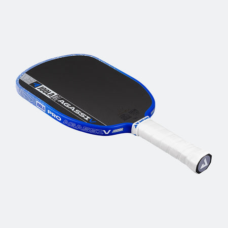 White background photo, image of the Agassi Pro V with blue edge guard and white handle.