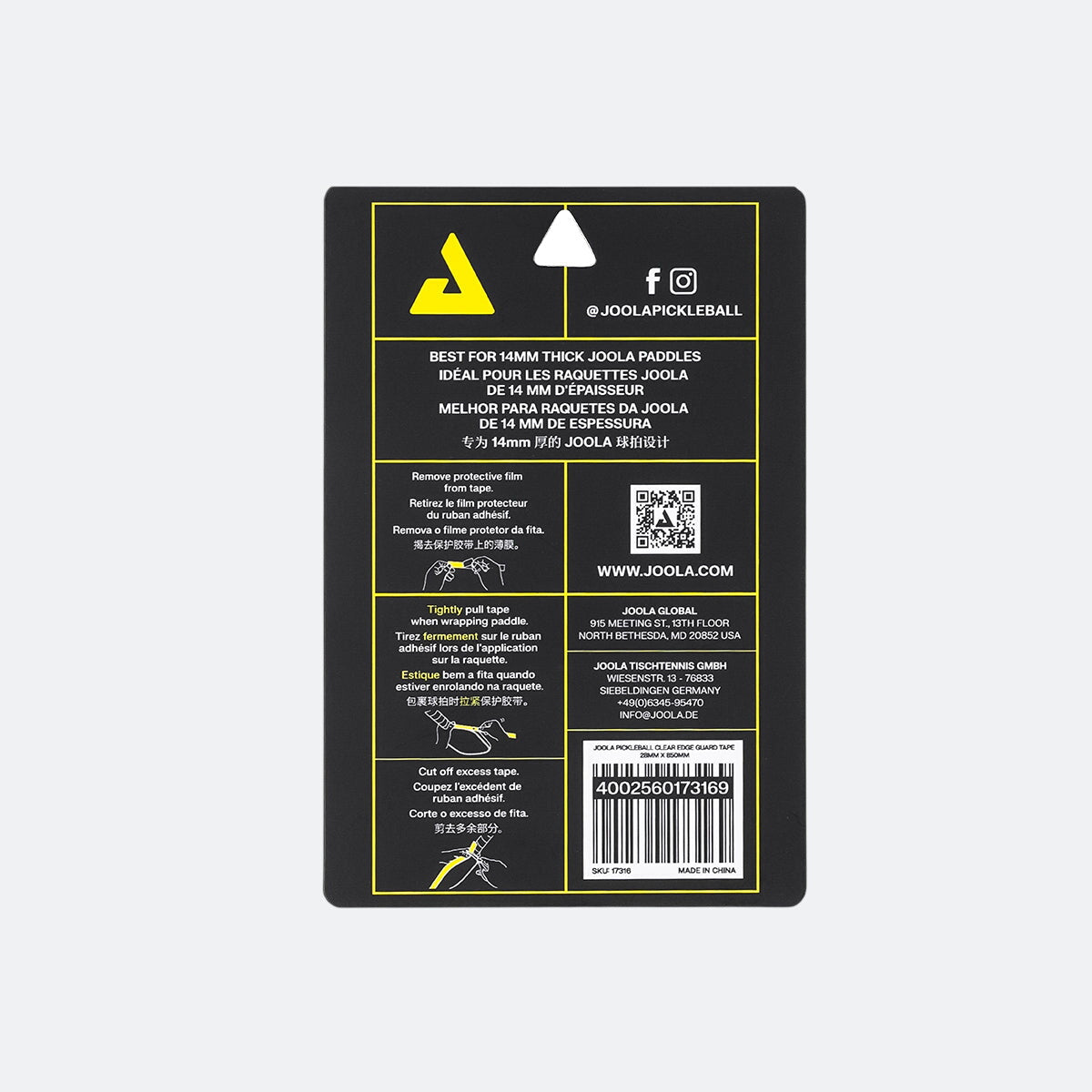 White background, image of the application instructions on the back of a package of JOOLA clear edge guard tape.