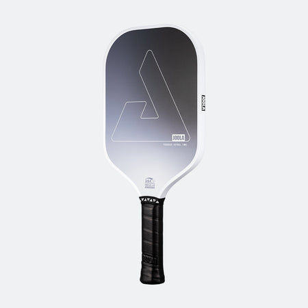 White background, product image showing the white edge guard of the JOOLA Perseus Astral pickleball paddle, with black handle.