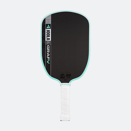 White background, product image of the Graf Pro V pickleball paddle, teal edge guard with a white handle.