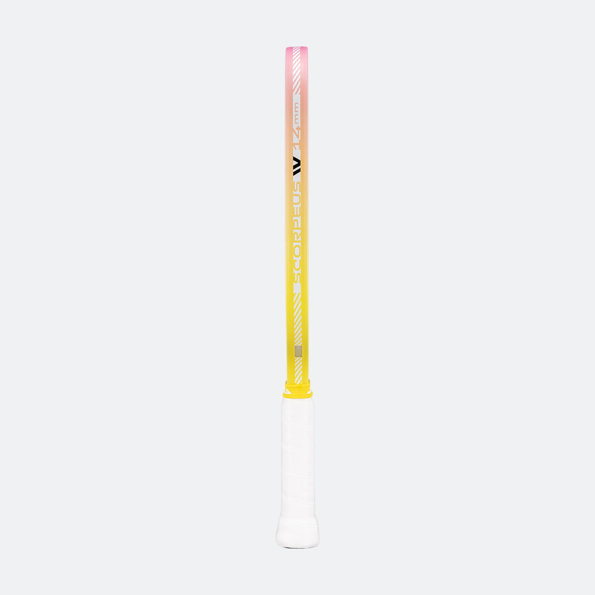 Pickleball paddle with gradient design from white to yellow on a white background.