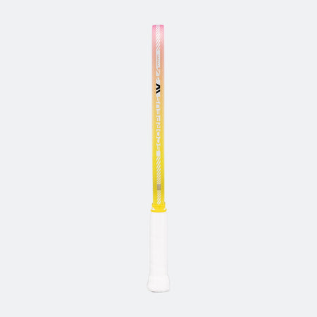 Pickleball paddle with gradient design from white to yellow on a white background.