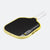 Pickleball paddle with black surface and yellow rim on a white background