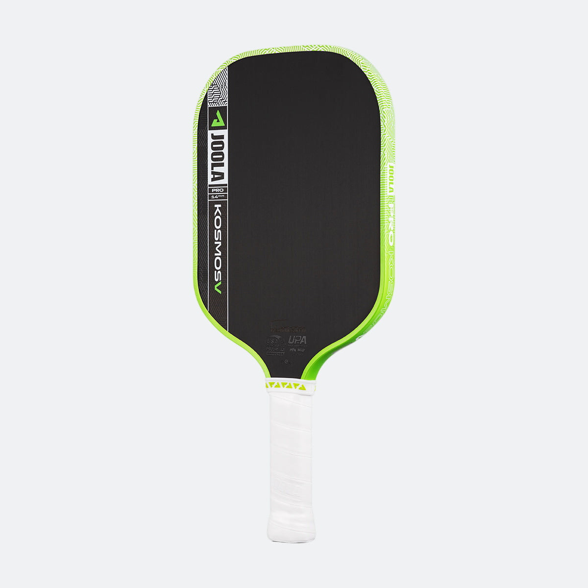 White background, product image of the JOOLA Kosmos Pro V pickleball paddle with white handle and green edge guard.