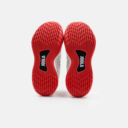 White background, product image of the JOOLA Women's R4LLy pickleball shoe in red and white colorway. Image shows the shoes with a textured sole on a white background.
