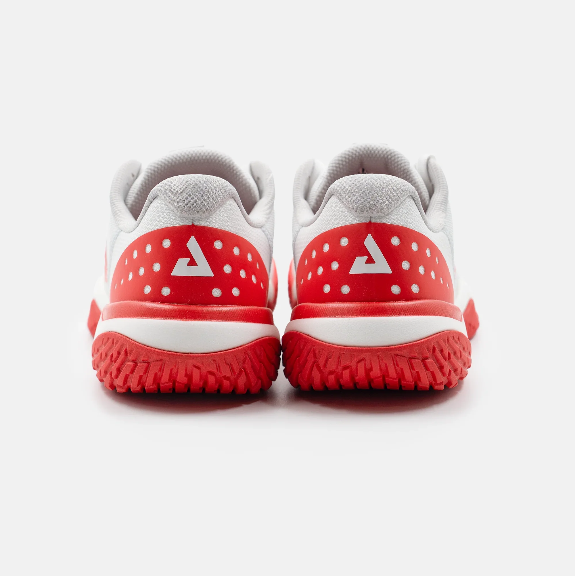 White background, product image of the JOOLA Women's R4LLy pickleball shoe, red and white colorway, image show the detail on the back of the shoe.