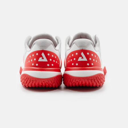 White background, product image of the JOOLA Women's R4LLy pickleball shoe, red and white colorway, image show the detail on the back of the shoe.