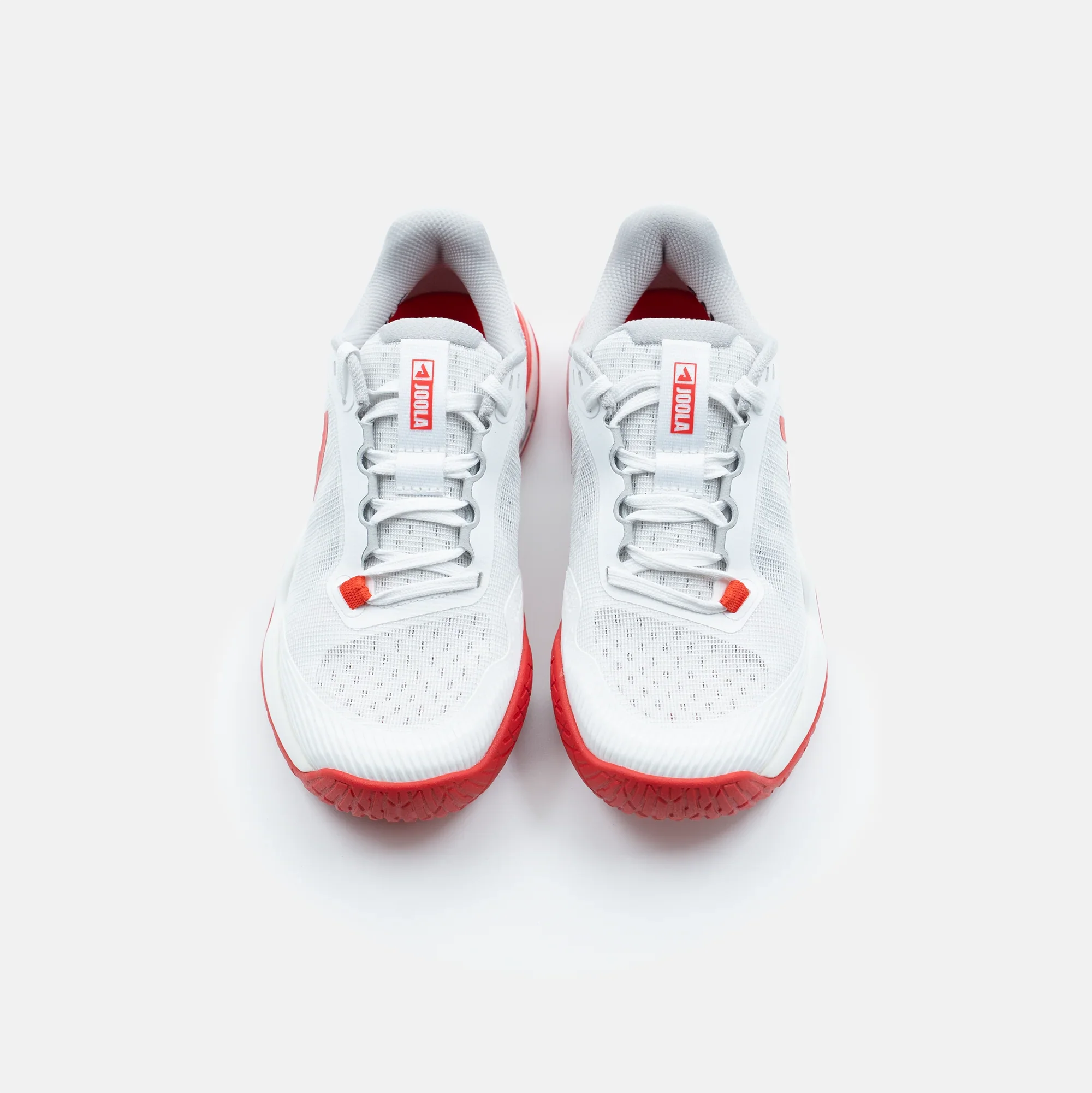 White background, top down view of the JOOLA Women's R4LLy pickleball shoe, red and white colorway.