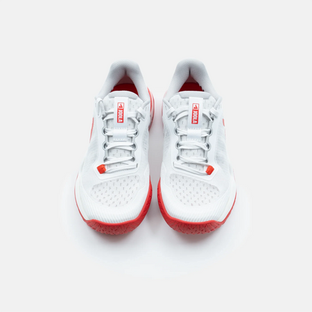 White background, top down view of the JOOLA Women's R4LLy pickleball shoe, red and white colorway.