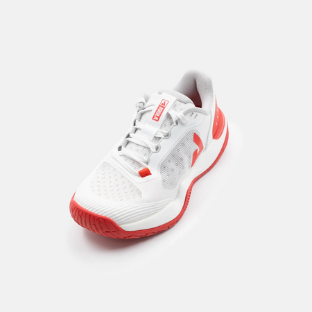 White background, product image of the JOOLA Women's R4LLy pickleball shoe in red and white colorway.