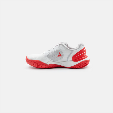 White background, product image of the JOOLA Women's R4LLy pickleball shoe in red and white colorway.