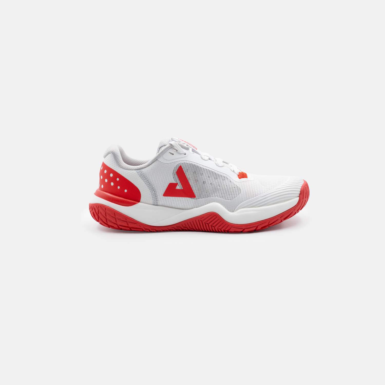 White background, product image of the JOOLA Women's R4LLy pickleball shoe in red and white colorway.