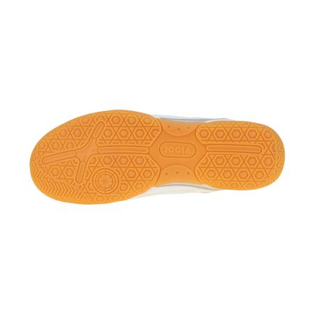 White background Image: Product image of the bottom of a JOOLA Court Junior Table Tennis shoe, white with blue accents, gum sole.