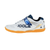 White background Image: Product image of the JOOLA Court Junior Table Tennis shoe, white with blue accents, gum sole.