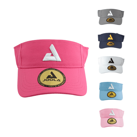 White Background Image: Line up of the JOOLA Trinity visors. Black, white, light blue, light pink and hot pink. #Trinity