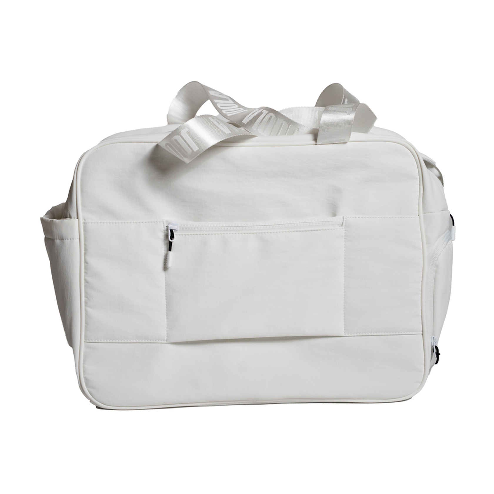 White duffel bag with a strap on a white background